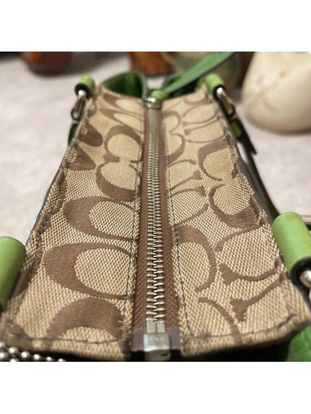 Coach Beige Signature Canvas Tote with Green Trim and Zebra Stripe